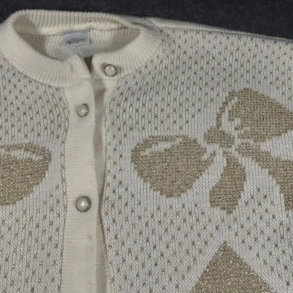 Vintage Cream Metallic Long Sleeve Cardigan Sweater Gold Bow Holiday Pearl - Picture 13 of 15
